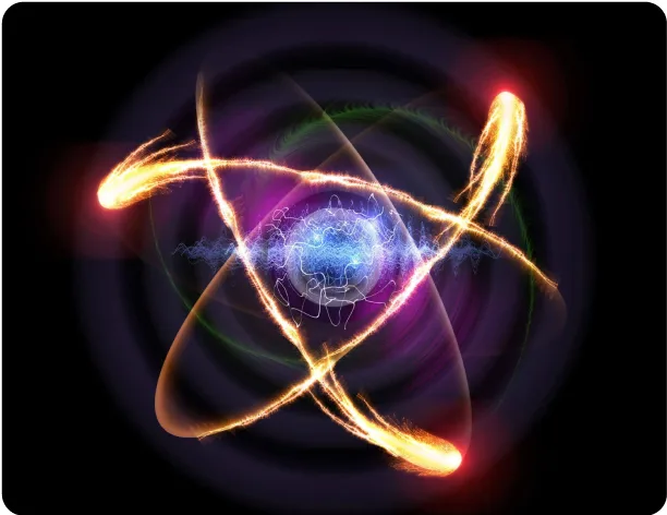彩色原子粒子的特写镜头，代表了 Quant µm技术。.